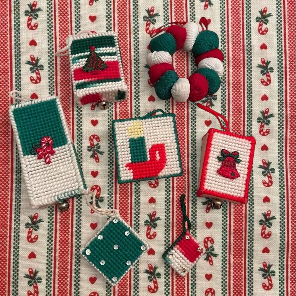 7 crocheted handmade needlepoint Christmas ornaments